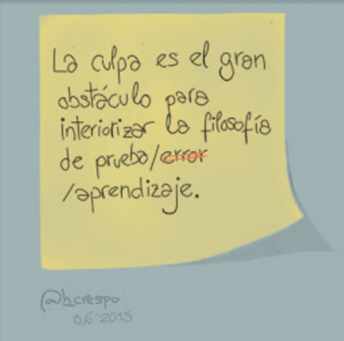 Nota manuscrita de Bernardo Crespo — Aprendizaje #28: “La culpa es el gran obstáculo para interiorizar la filosofía de prueba/error/aprendizaje”