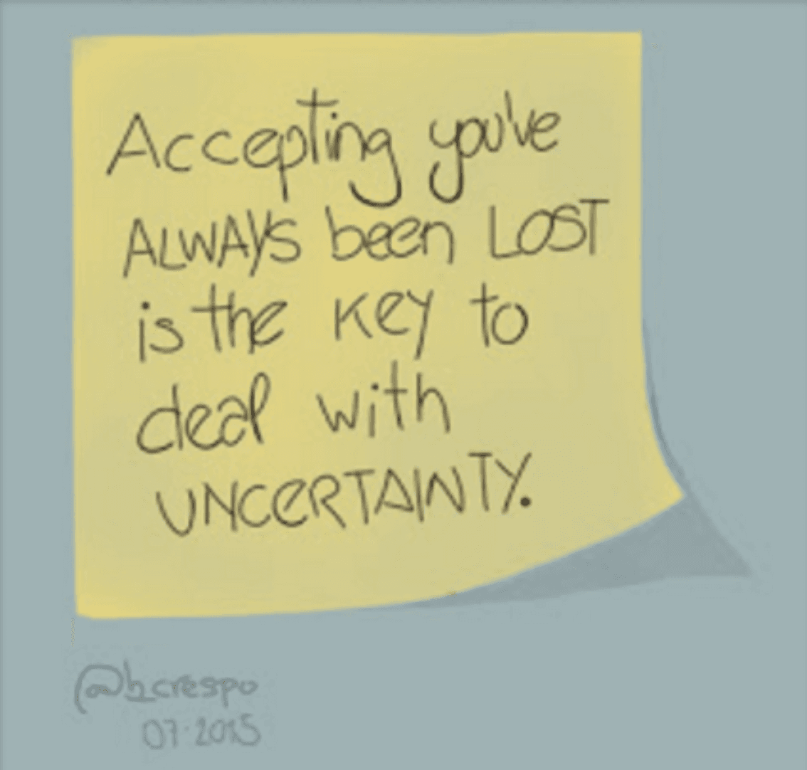 Nota manuscrita de Bernardo Crespo — Aprendizaje #31: “Accepting you’ve ALWAYS been LOST, is the KEY to deal with UNCERTAINTY”
