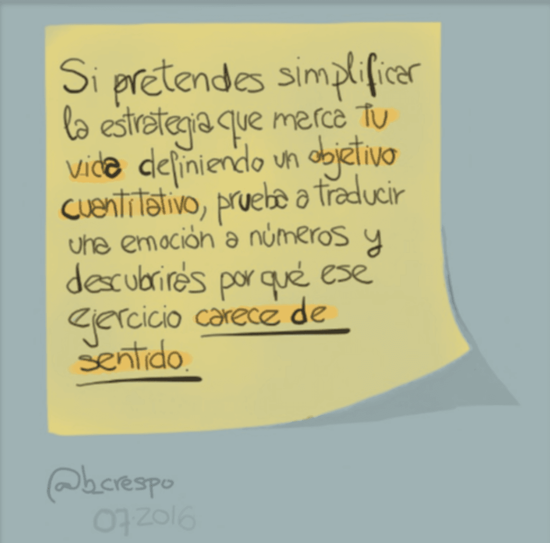Nota manuscrita de Bernardo Crespo — Aprendizaje #52+1: “Si pretendes simplificar la estrategia que marca tu vida definiendo un objetivo cuantitativo, prueba a trad…”